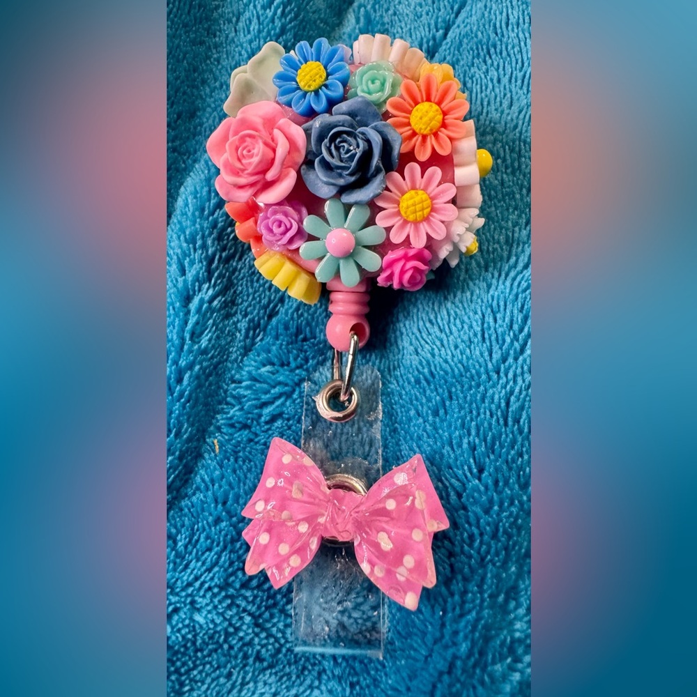Colorful Floral Badge Reel with Pink Bow